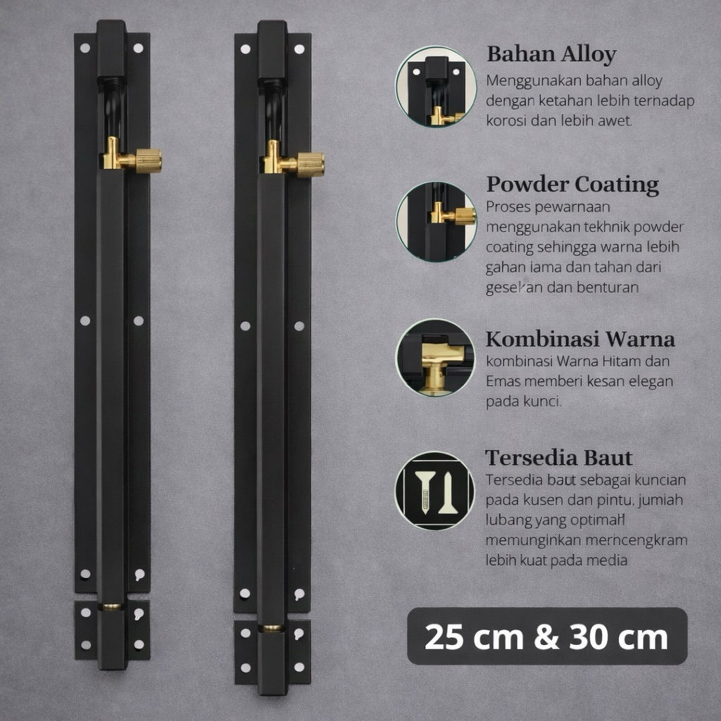 Slot Grendel Pintu Dan Jendela Panjang 25cm 30cm Warna Hitam Black Alumunium