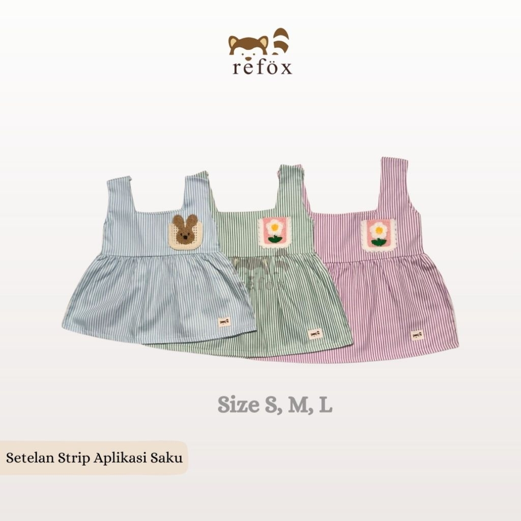 REFOX Setelan Strip Aplikasi Saku Bahan Cotton Japan 5 Warna Praktis  Dress Celana