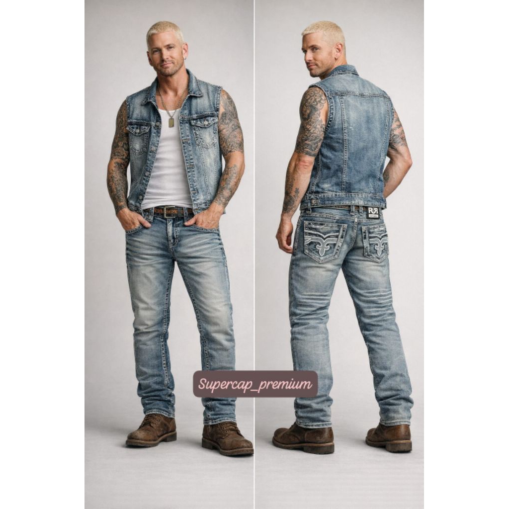 SUPERCAP Celana panjang pria Jeans Rock revival RR surf blue washed slim straight fit/jeans pria ker