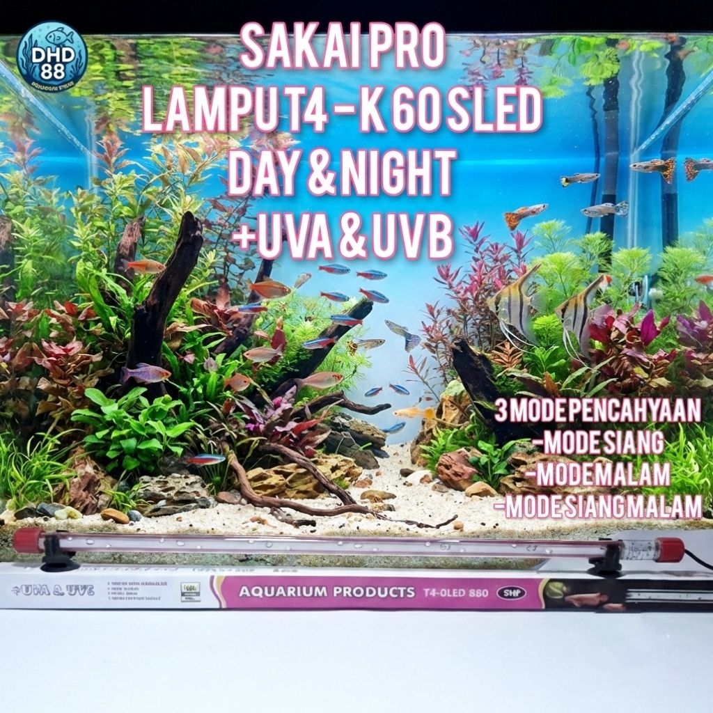Lampu Celup Aquarium Sakai Pro Day&Night T4-K60 +UVA&UVC 3 Mode Pencahayaan 8Watt