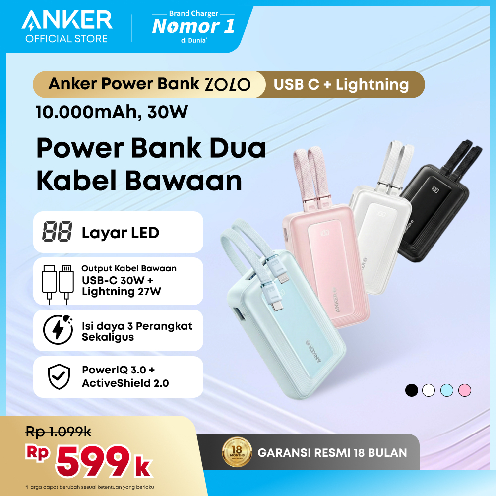 Anker Zolo Power Bank 10.000mAh 30W Max Fast Portable Charger with Built-in USB-C and MFi Certified 