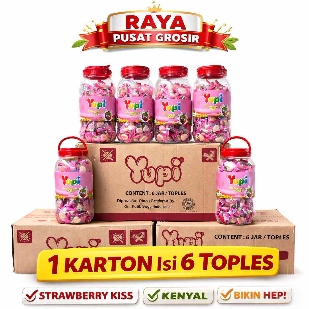 PERMEN YUPI STRAWBERRY KISS JAR 1 KARTON ISI 6 TOPLES