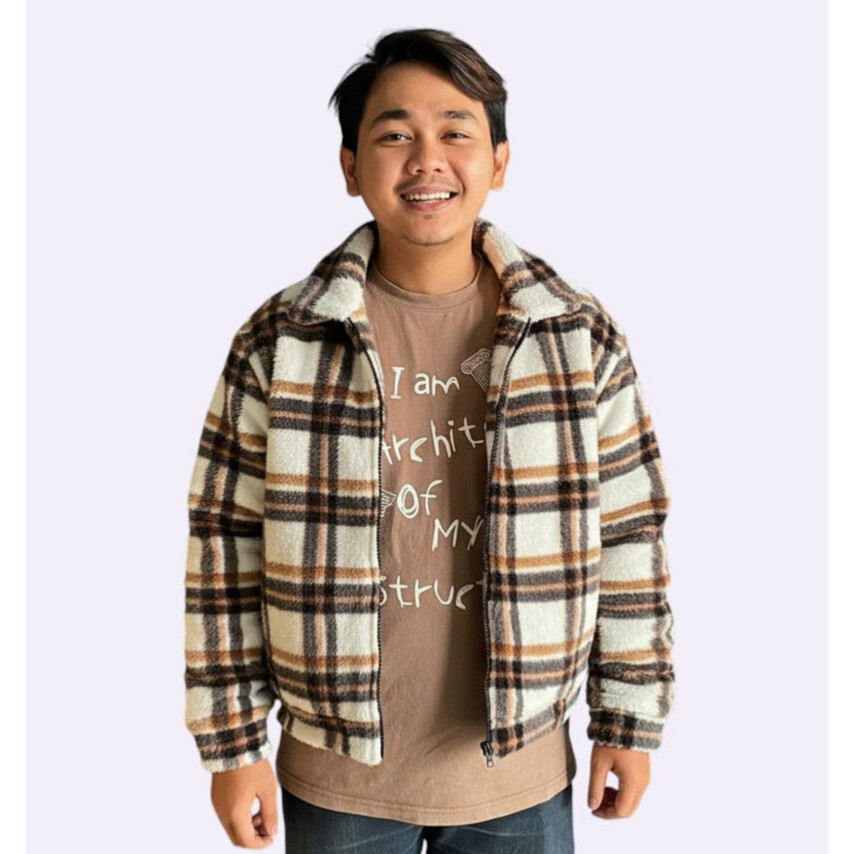 Sweater Jaket Boxy Sherpa Zipper Kotak kotak Unisex Pria dan Wanita