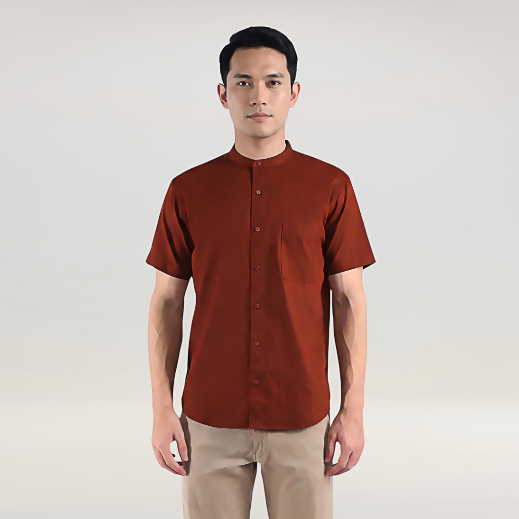 Kemeja Koko Modern Pria Katun Adem Lengan Pendek - Merah Bata