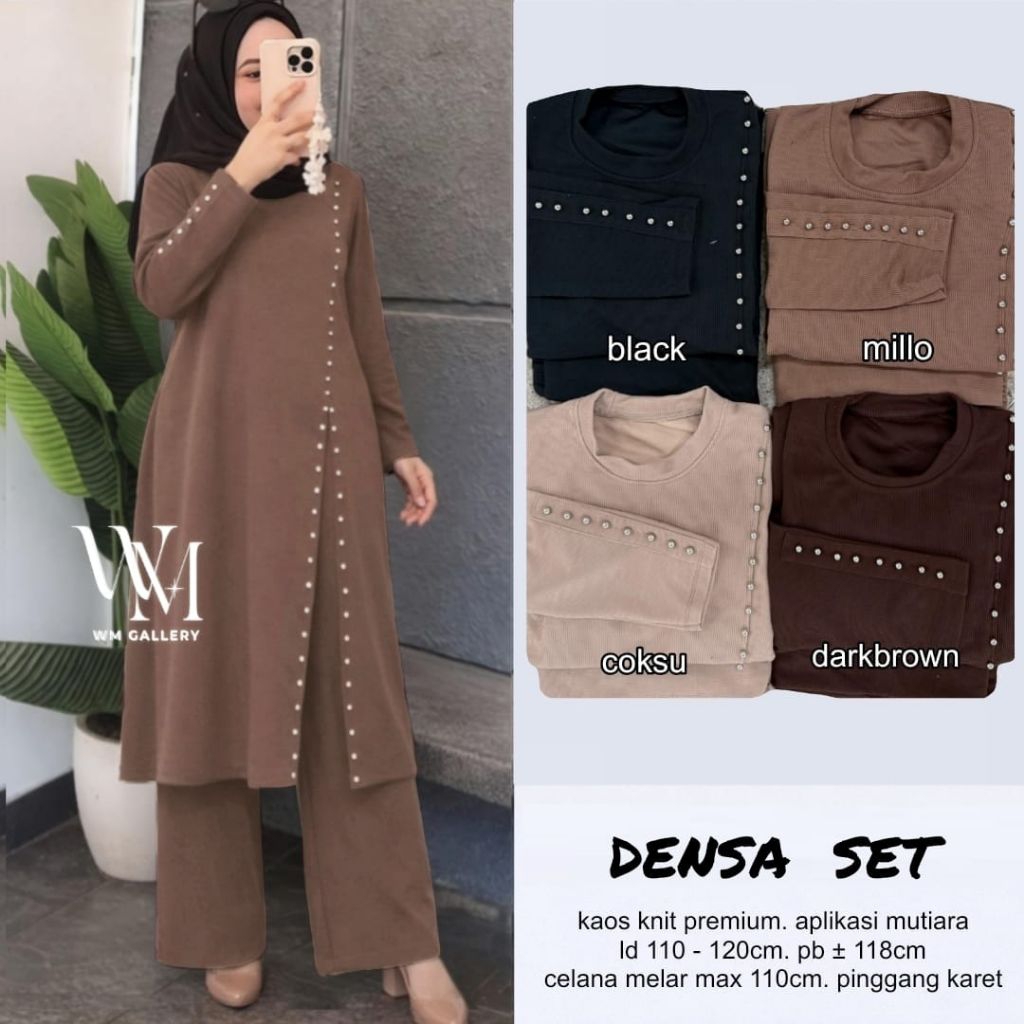 Setelan Tunik Dan Celana Panjang Densa Set Kaos Knit Premium Aplikasi Mutiara Cantik Trendy Ld 110-1