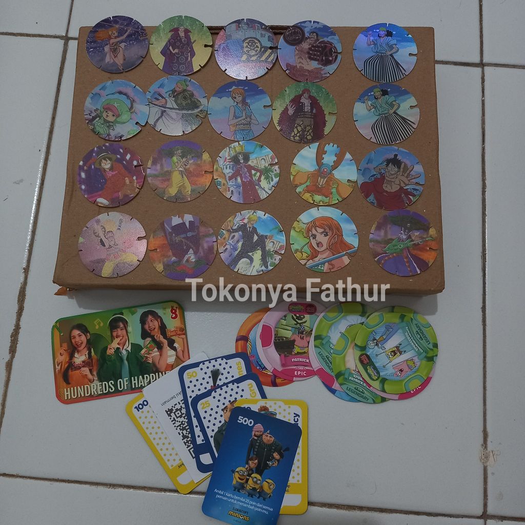 mainan tazos tajos chiki one piece medalion spongebob dan oreo minion