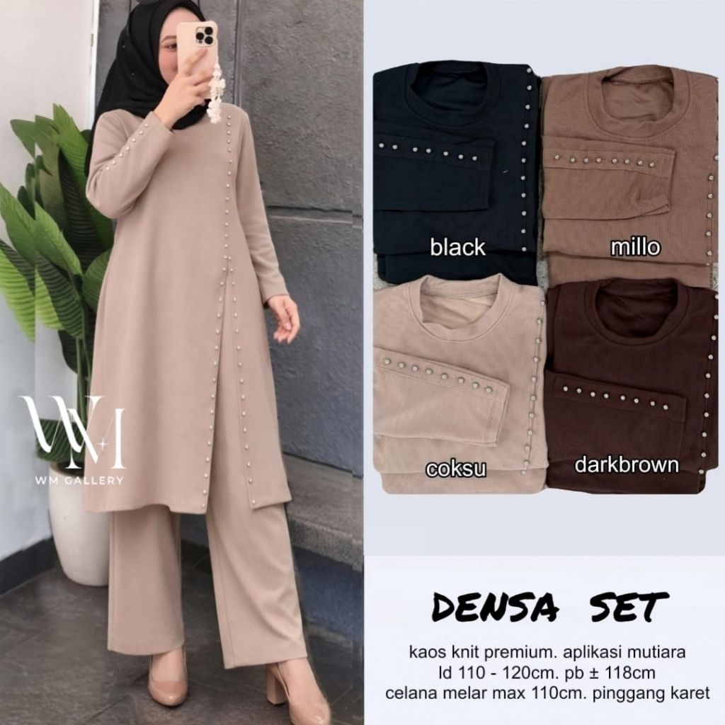 Densa Set Kaos Knit Premium Aplikasi Mutiara Setelan Wanita Baju Tunik Dan Celana Panjang Ld 110cm-1