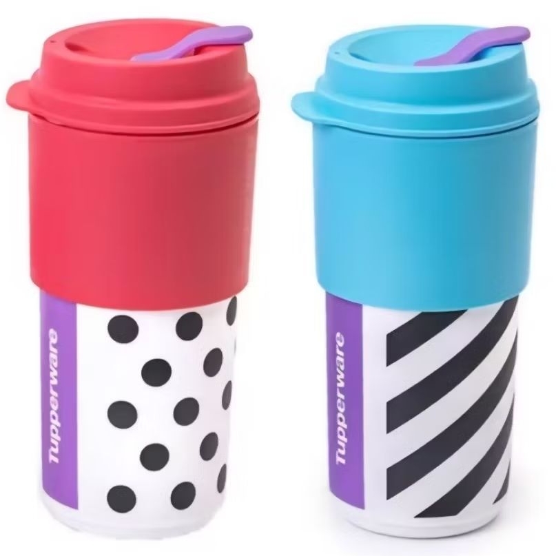 Tupperware Polkadot Coffee To Go / Stripes 490ml 1pc ecer Biru pink tumbler kopi teh panas minuman h