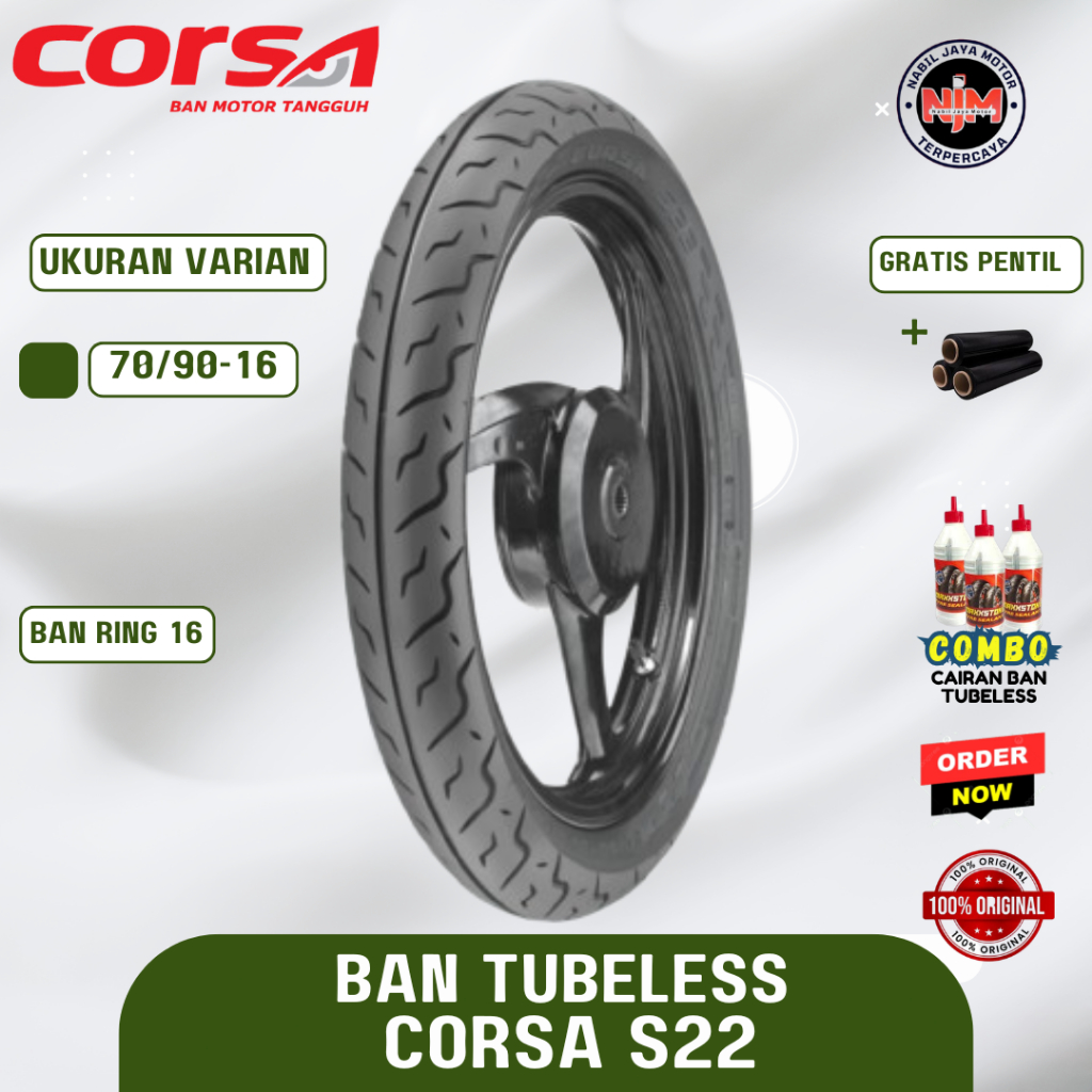 Ban Motor Corsa S22 70/90 Ring 16 Tubeles Free Pentil / SkyWave / Nouvo / Ban Motor Ring 16