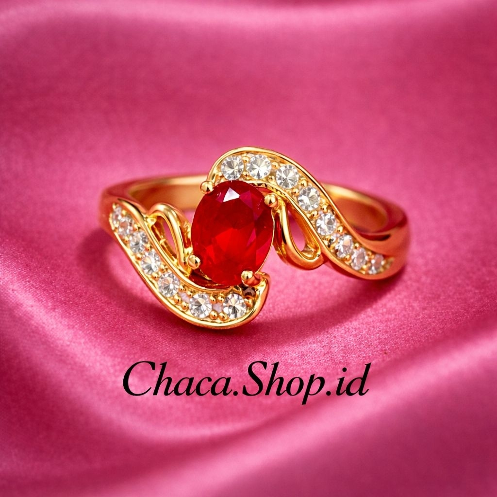 Cincin Wanita Elegan Batu Merah Ruby Zircon Gold | Cincin Fashion Mewah Anti Karat Anti Luntur | Aks