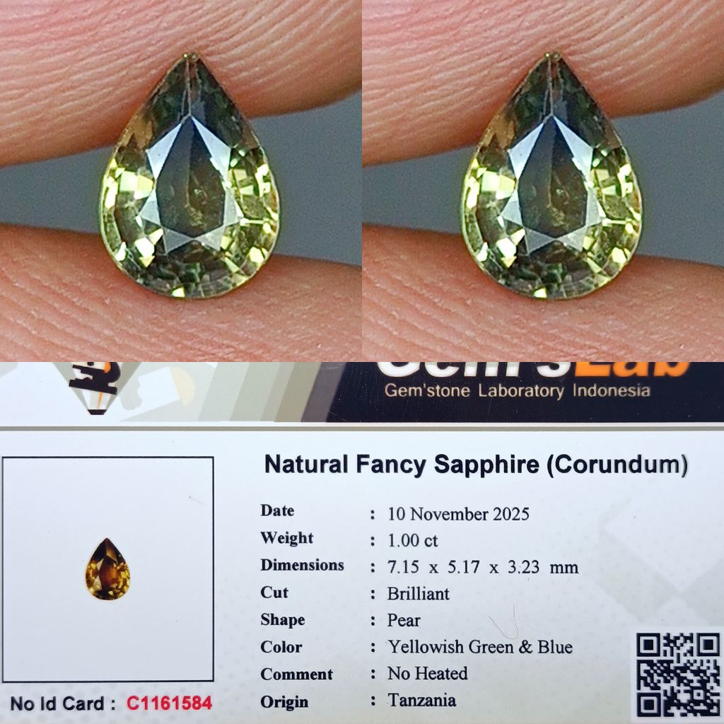 NATURAL FANCY SAPPHIRE TANZANIA YELLOWISH GREEN & BLUE PEAR CUTTING GOOD LUSTER MEMO GLI LAB