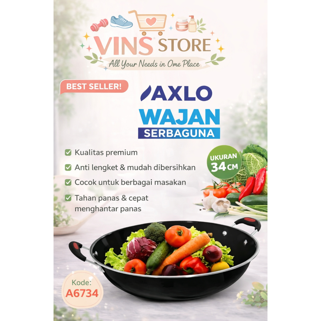 Wajan Serbaguna 34cm Anti Lengket – Wok Besar Teflon Premium Tahan Panas Cocok Untuk Semua Kompor