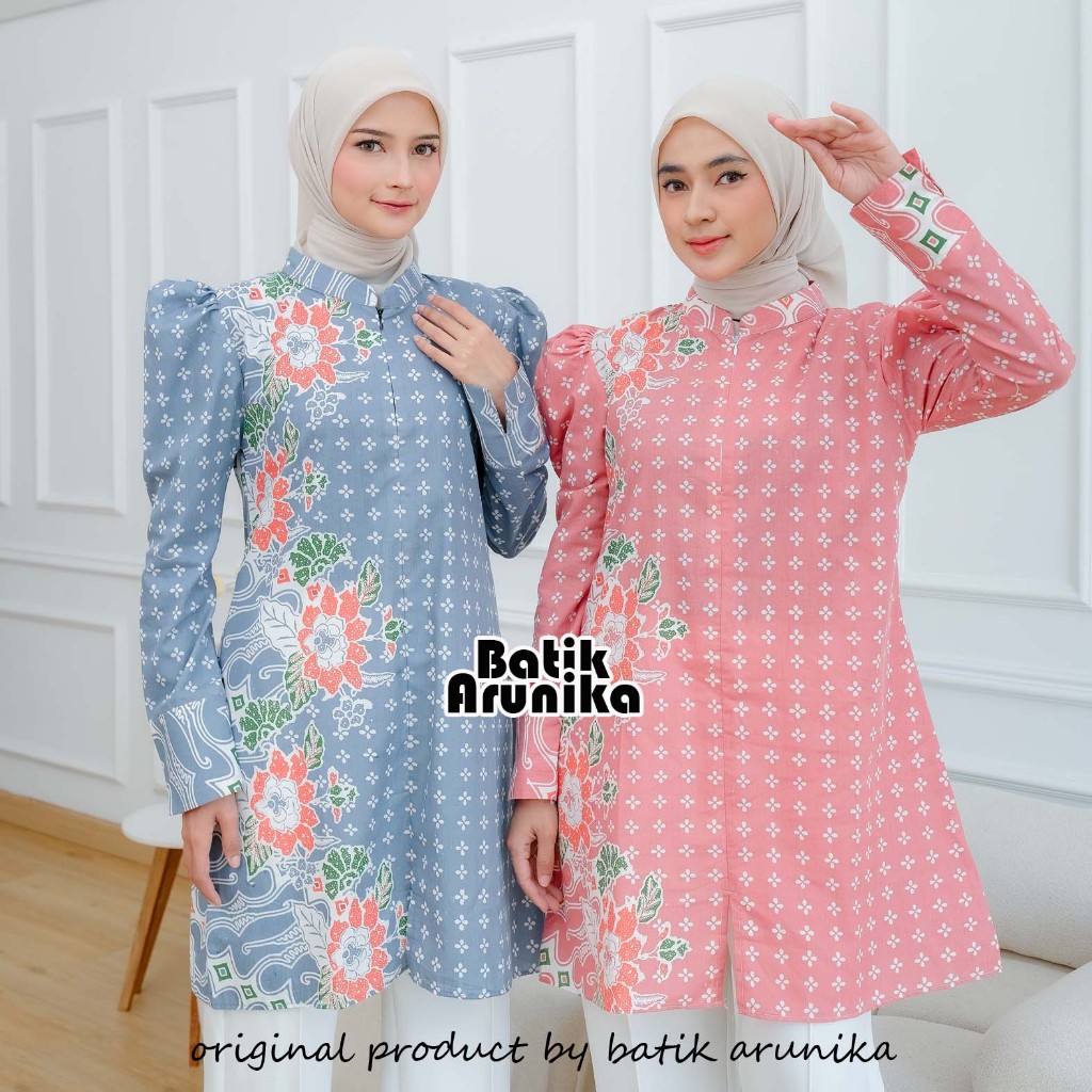 Baju Batik Wanita Resleting Depan Lengan Panjang Seragaman Batik Kerja Tunik Seroja by Batik Arunika