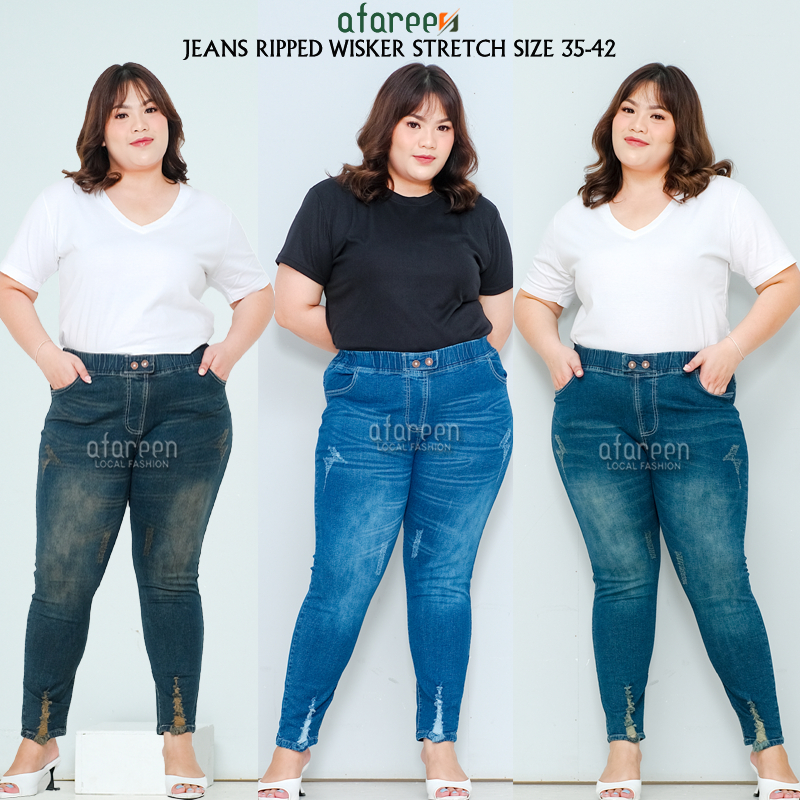 AFAREEN - Celana Jeans Sobek Wanita Jumbo Wisker Jeans Ripped Button Jeans Pinggang Karet 35-43
