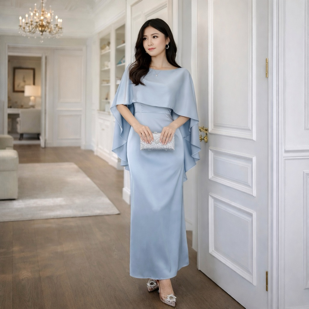 SKYE GOWN - Dress Pesta Satin Cape Bodycon Maxi Long Bolero Dress Big Size Jumbo Ukuran Besar Plus S