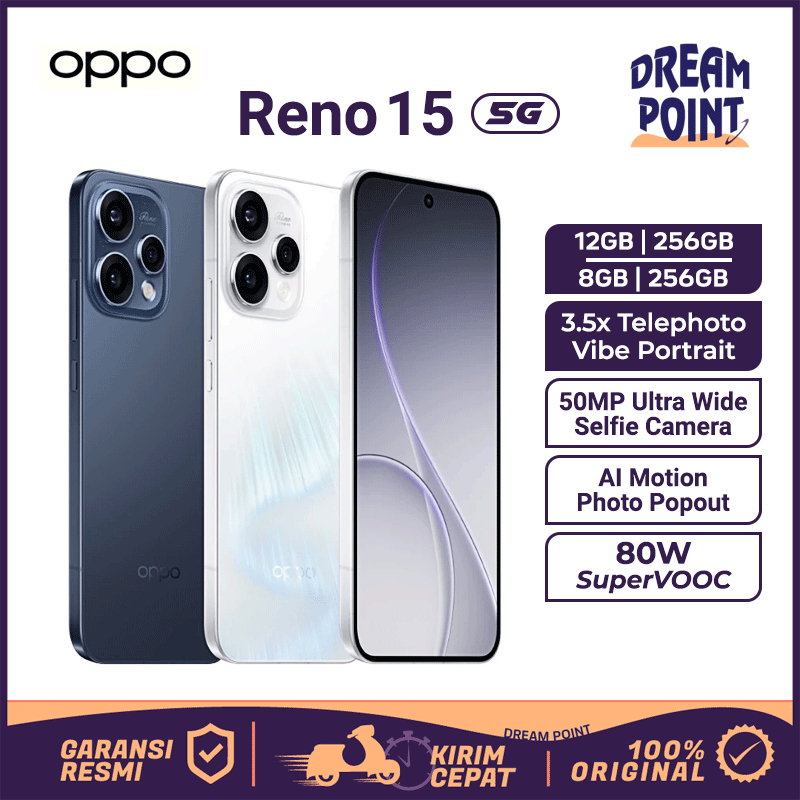 OPPO Reno 15 5G 12/256GB | 8/256GB HP Android Kamera Jernih 50MP Ultra Wide Snapdragon 6 Gen 4 Handp