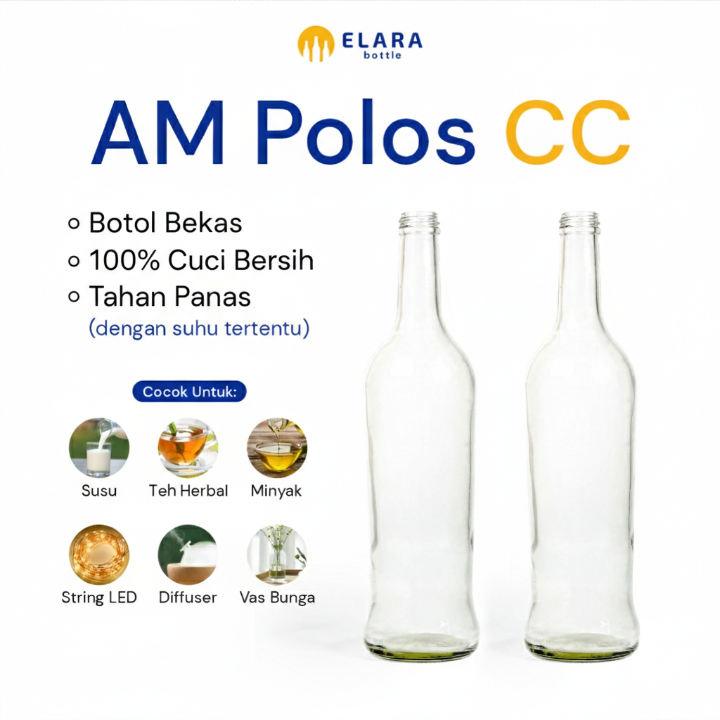 Elara Botol - AM Polos CC | Botol Kaca Bekas | Botol Kaca Bening | Botol 620 ML | Botol Sirup | Boto
