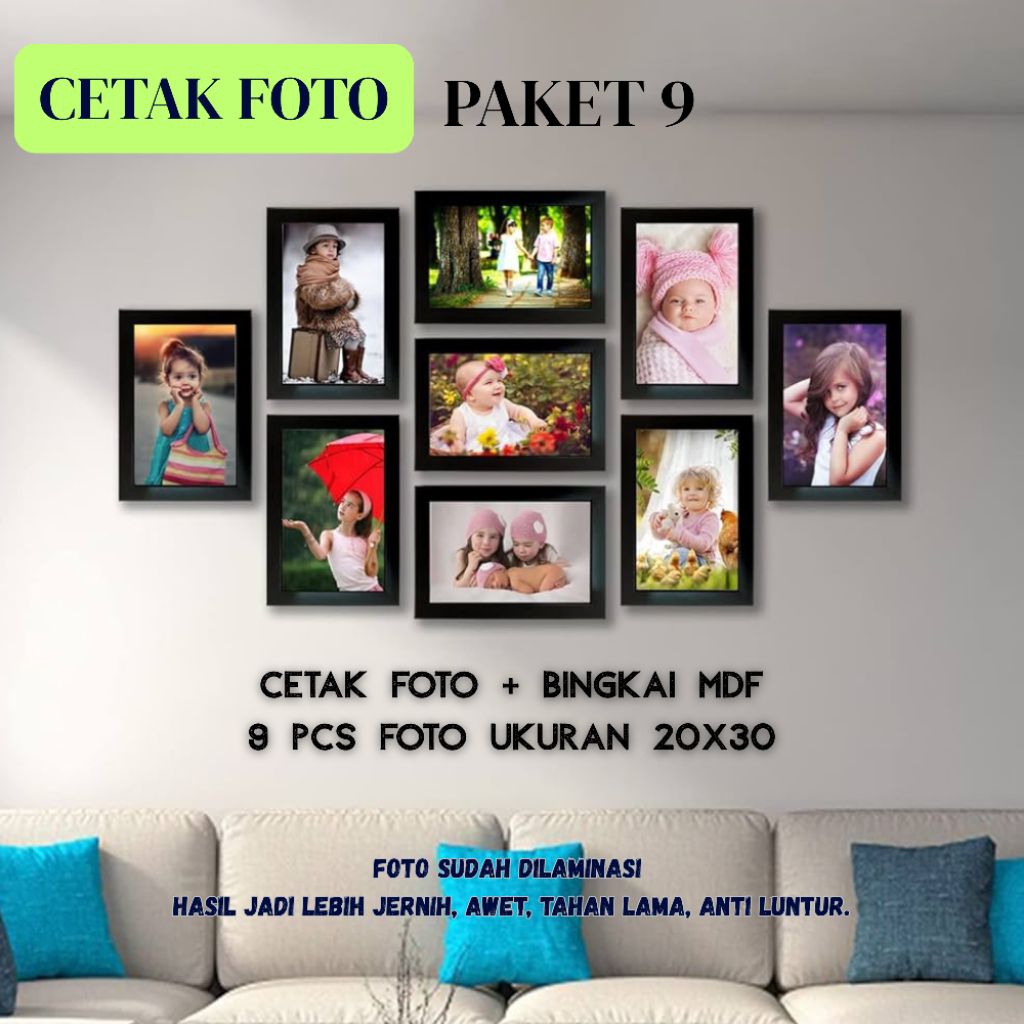 Cetak foto + bingkai mdf 9foto 20x30