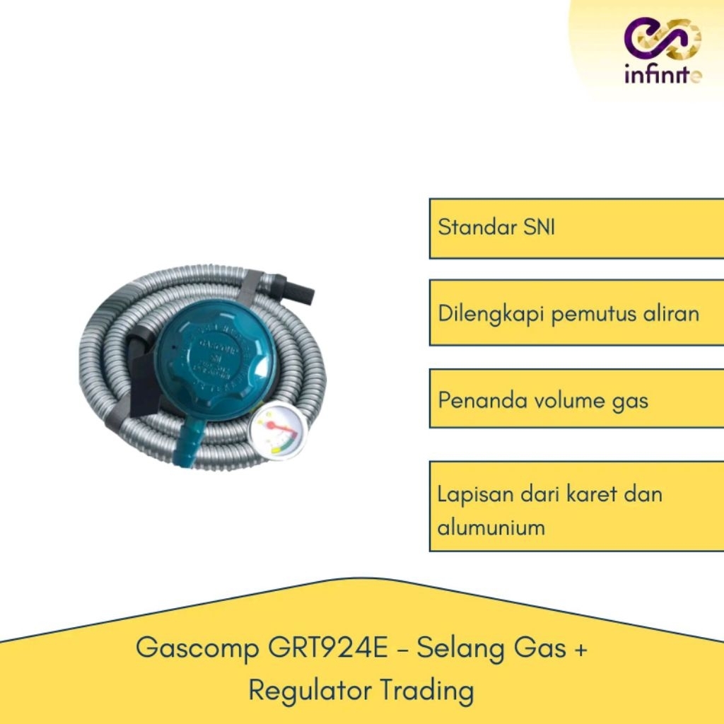 Selang Regulator Gascomp GRT924E – Regulator Gas LPG + Selang & Clamp