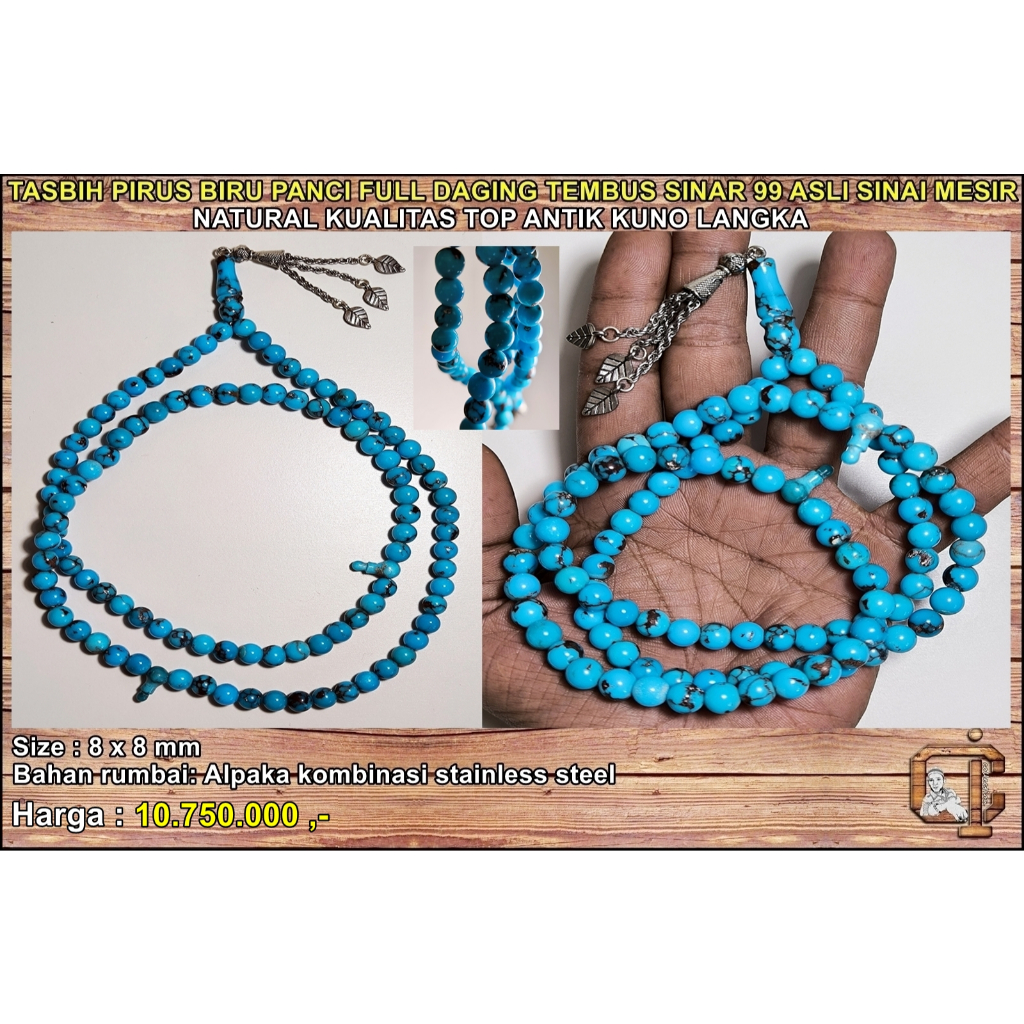 Tasbih batu pirus sinai mesir biru panci urat merah tembus sinar 99 butir asli alami kualitas top an