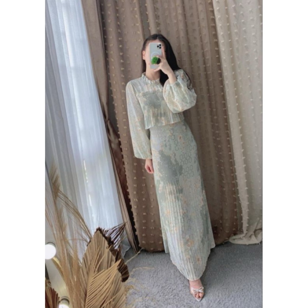 Raya set dress flowers warna sage green korean dress lebaran set hijab