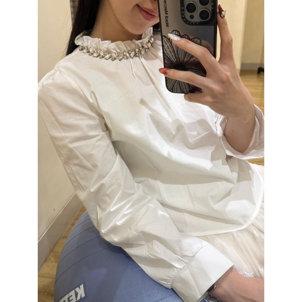 korean tiffany blouse white long top long sleeve