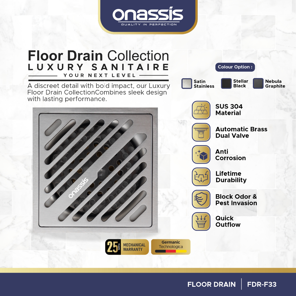 Onassis Floor Drain FDR-F33 SUS 304 - Saringan Kamar Mandi Anti Bau dan Anti Seranggga