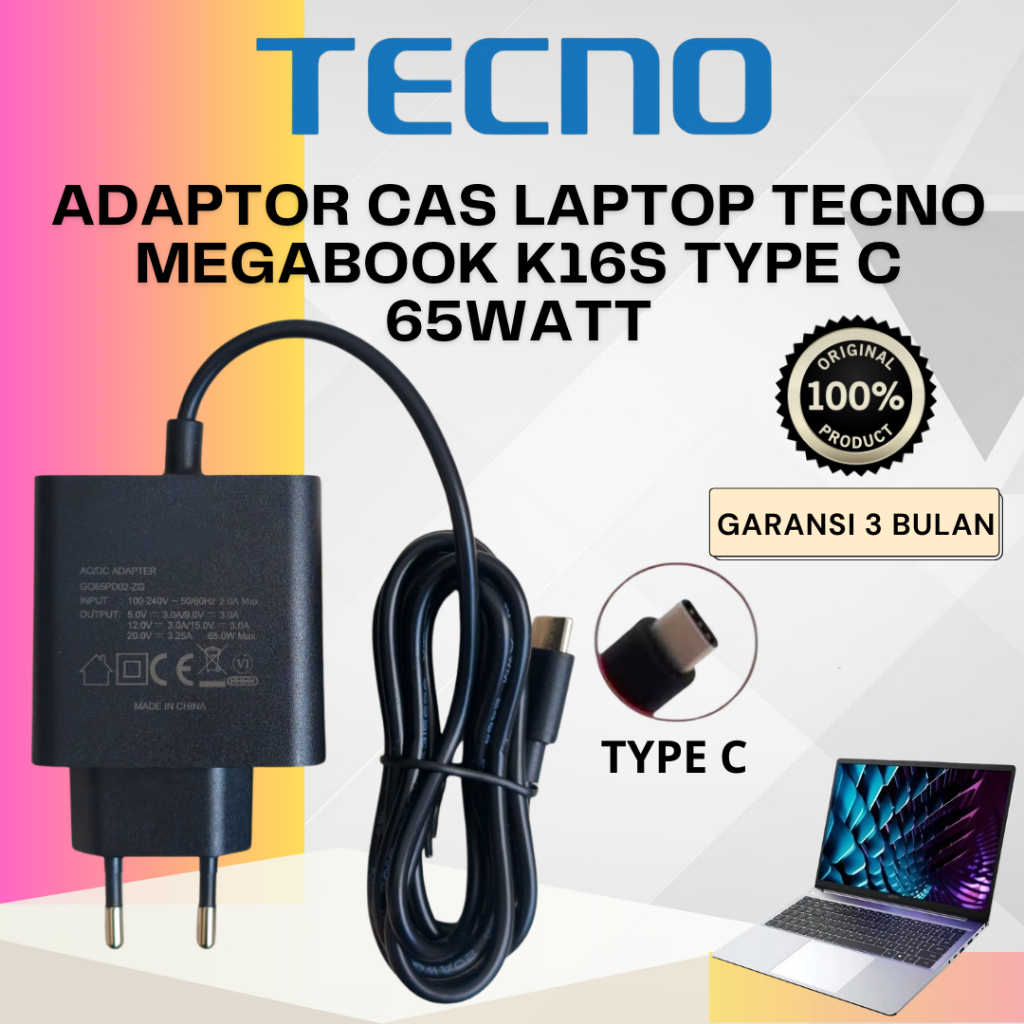 Adaptor Cas Laptop Tecno Megabook K16S Type C 65Watt Garansi 3 Bulan