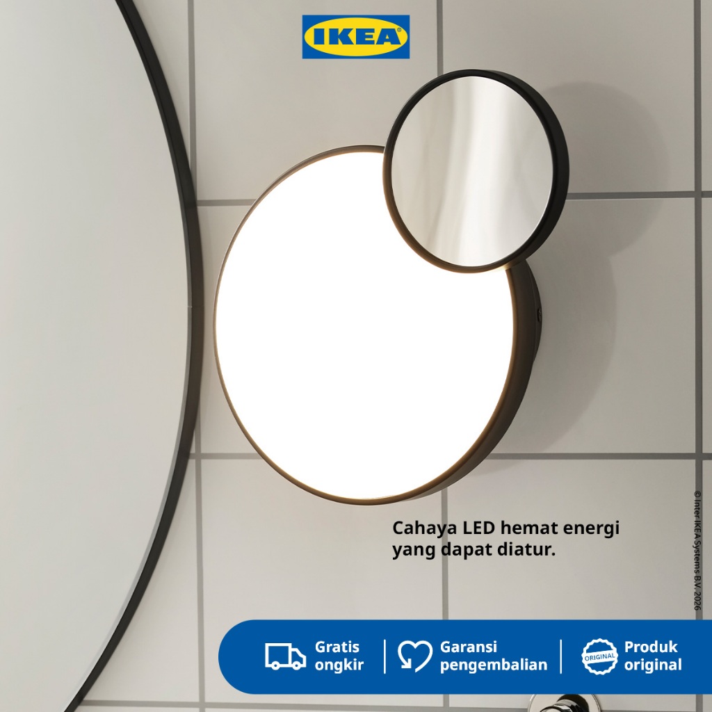 IKEA KABOMBA Lampu Dinding LED Dimmable Dengan Cermin Matt Hitam 20cm