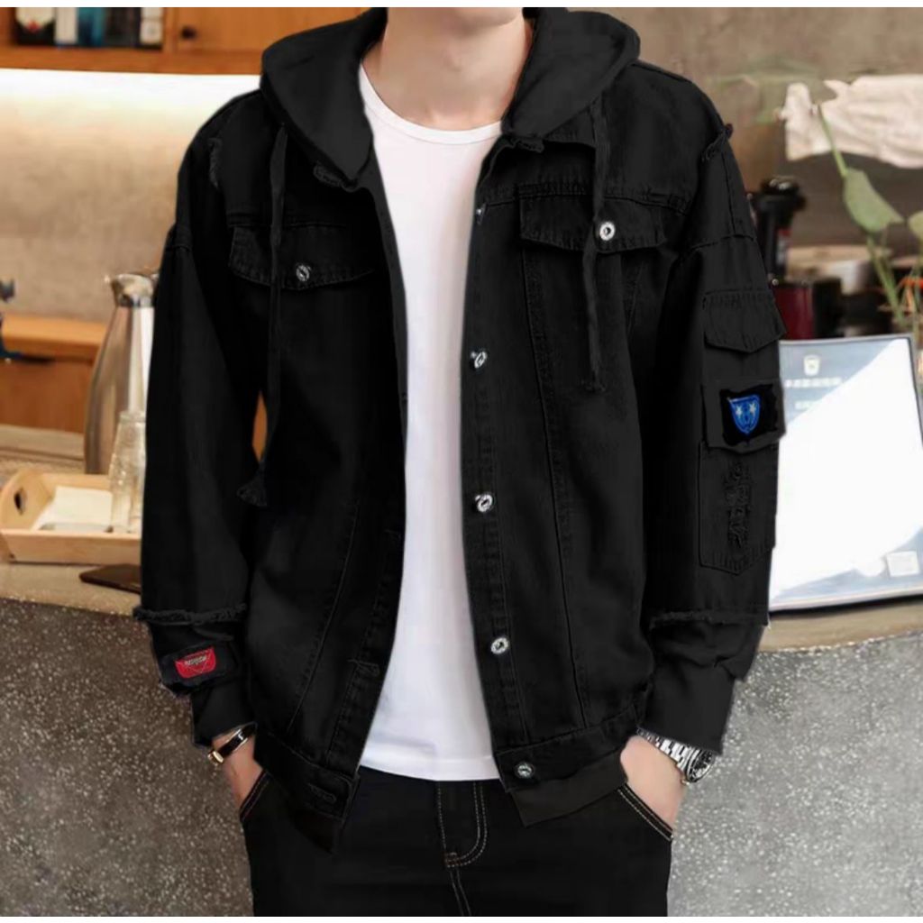 HOT SALE JACKET JEANS HIP HOP KOREA STYLE PRIA WANITA KUPLUK DENIM HITAM MM.STORE
