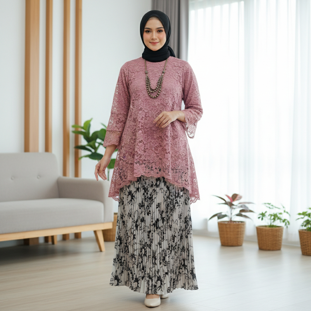Kebaya Top Kebaya Rinjani Brokat Modern Elegan Atasan Wanita Wisuda Lamaran Dusty Pink