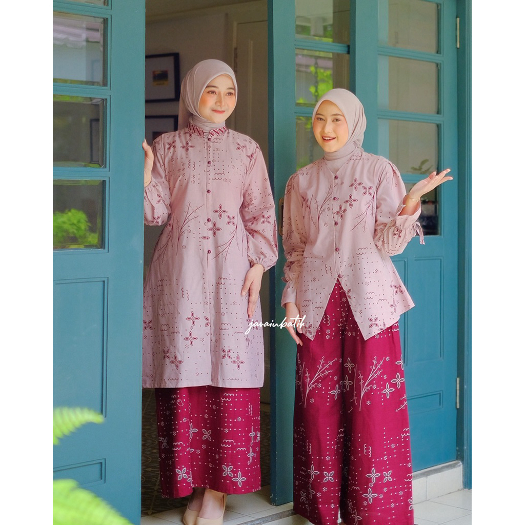 javainbatik - SET FAMILY BATIK LESTARI WARNA TARO MAROON - atasan wanita - tunik batik wanita - set 