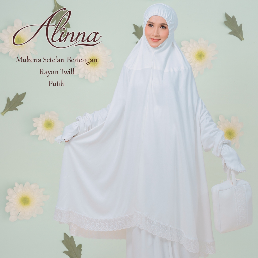 Mukena Alinna Setelan Potong Atas Bawah Berlengan Tangan Rayon Twill HQ Umroh Haji Ihram