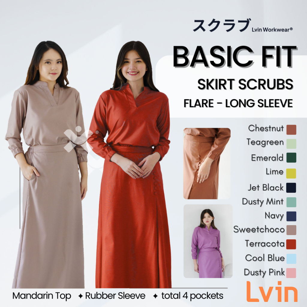 [ Lvin ] FLARE SKIRT  SCRUBS - Vol 01 -  Baju OKA Rok Mandarin Collar Lengan Panjang / Baju Jaga /Se