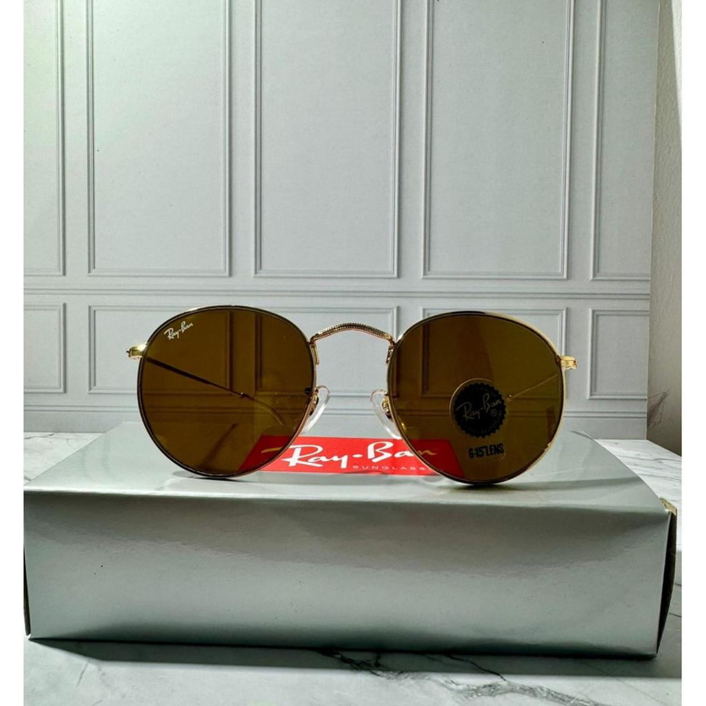 Kacamata RayBan Original RB3447 Round Metal Gold Brown Lensa Kaca Full set