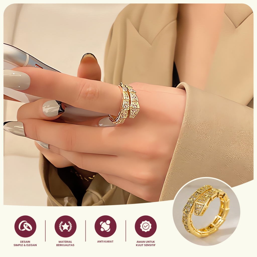Cincin Wanita Emas Model Ular Fleksibel Bertatahkan Berlian Imitasi Anti Karat Aksesoris Fashion