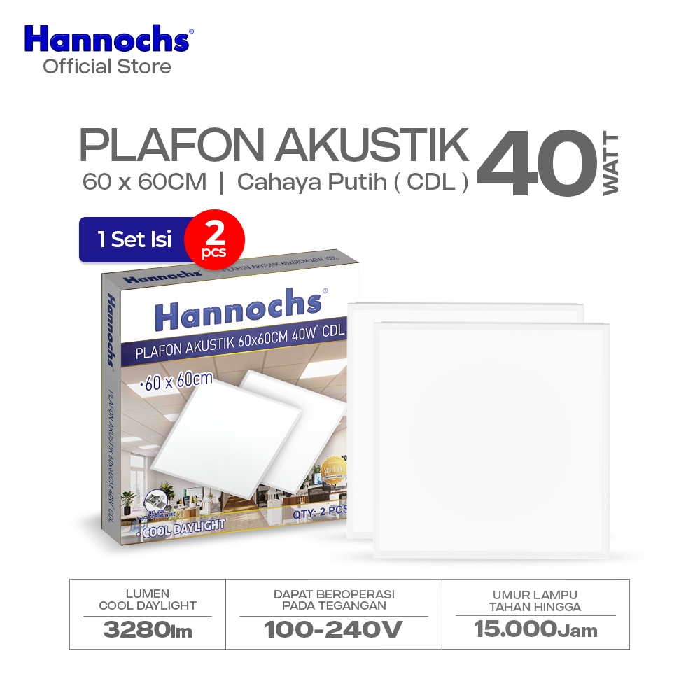 Hannochs Lampu Downlight LED Decoratif Anti Silau Plafon Akustik 60x60CM 40W - Cahaya Putih (1 Kotak