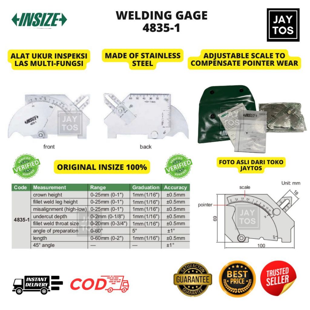 Insize 4835-1 Welding gage / Welding Gauge Alat Ukur Inspeksi Las Multi-Fungsi Stainless Steel Origi