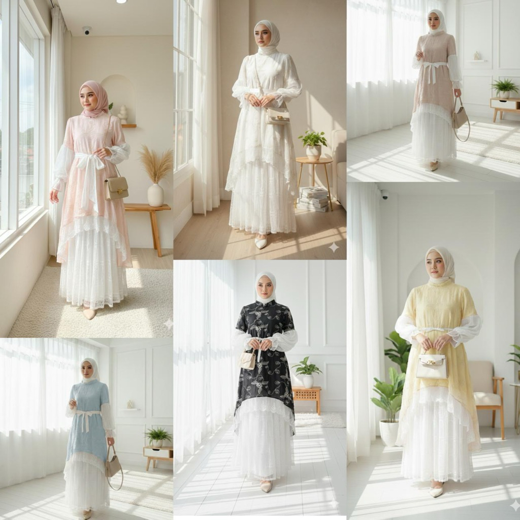 WULANDARI CLOTH BISA COD GAMIS BRUKAT CENTILY MIX TILE LENGAN BALON PREMIUM GAMIS PESTA TERBARU GAMI