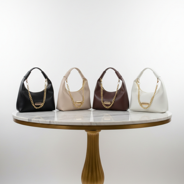 Tas Mini Wanita Kulit Sintetis Premium Aksen Rantai Emas Elegan Putih Coklat Hitam