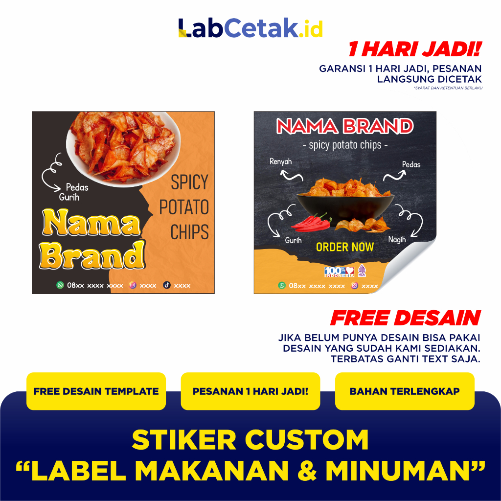 Stiker Label Custom Keripik Pedas  Cemilan  Packaging Snack Jajanan free desain Kotak Chromo Bontax-