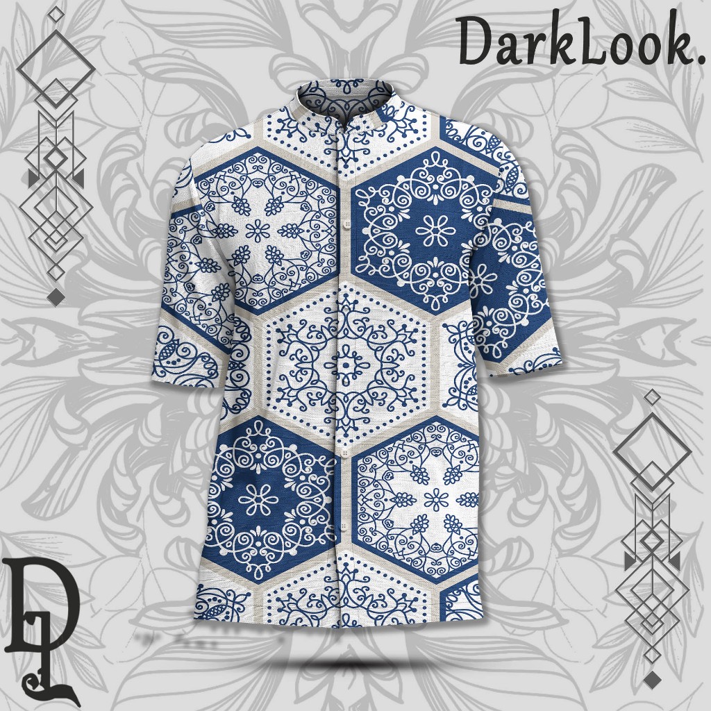 DarkLook Kemeja Koko Modern Motif Batik Mandala Biru  Premium | DL-KO06