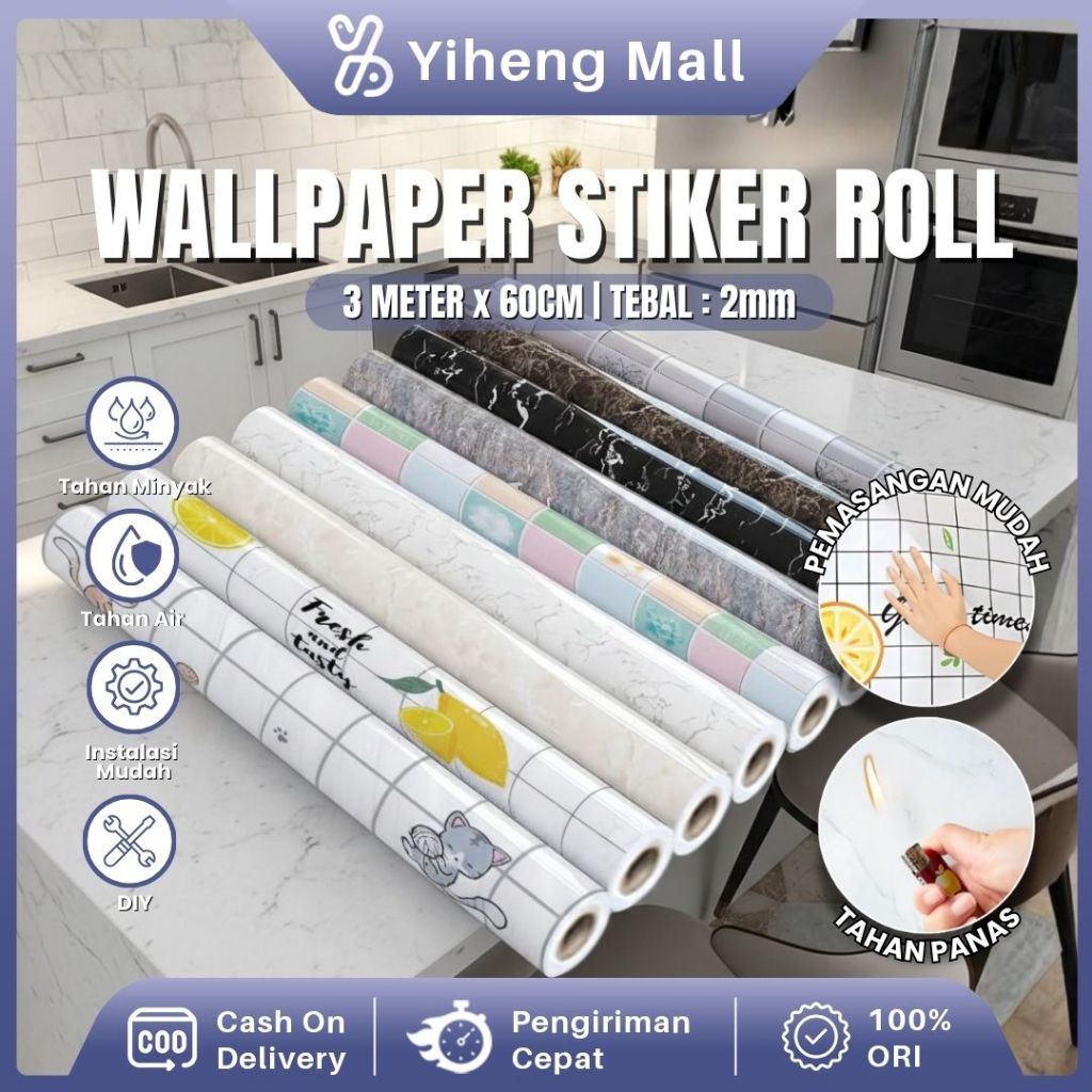 Wallpaper Stiker Dapur Anti Air Anti Minyak Tahan Panas 60CM*3M 60CM*1M Wallpaper Stiker 3D Motif Ma