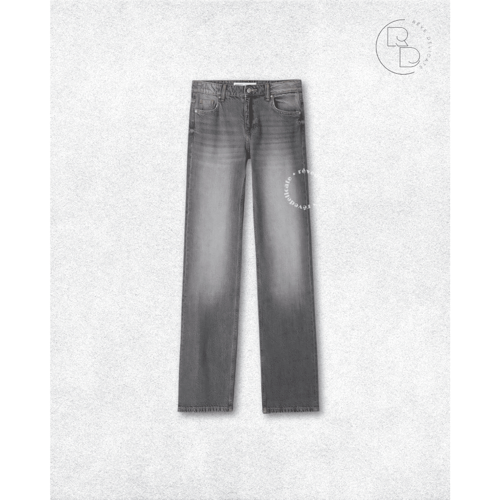 Bershka Jeans Wanita Size 40 | Cropped Straight Denim Grey Washed | Celana Jeans Straight Cut | High