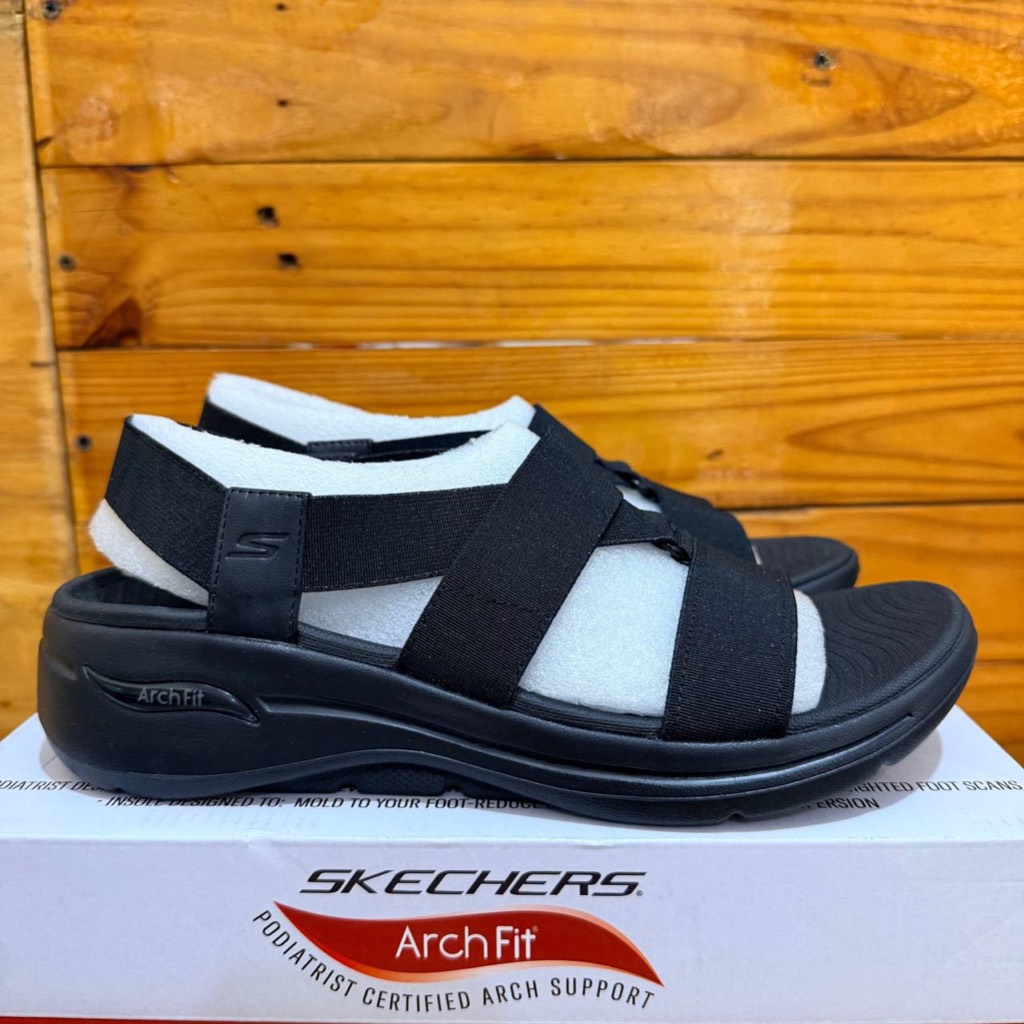 SANDAL SKECHERS WANITA SKECHERS GO WALK ARCH FIT SANDAL PLEASANT 140805 FULLBLACK ORIGINAL COD SENDA