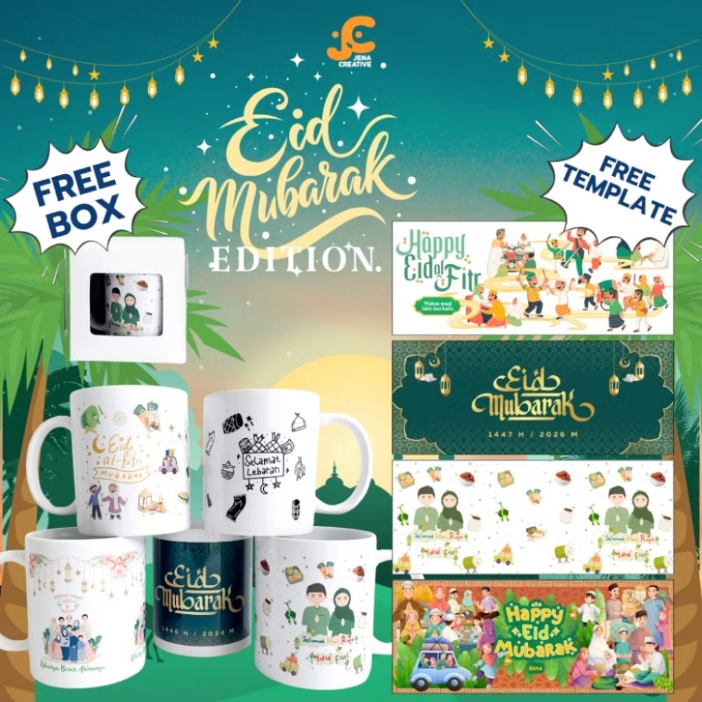 Mug Keramik Custom Hampers Lebaran Edisi Eid Mubarak dengan Desain Lucu dan Gratis Template