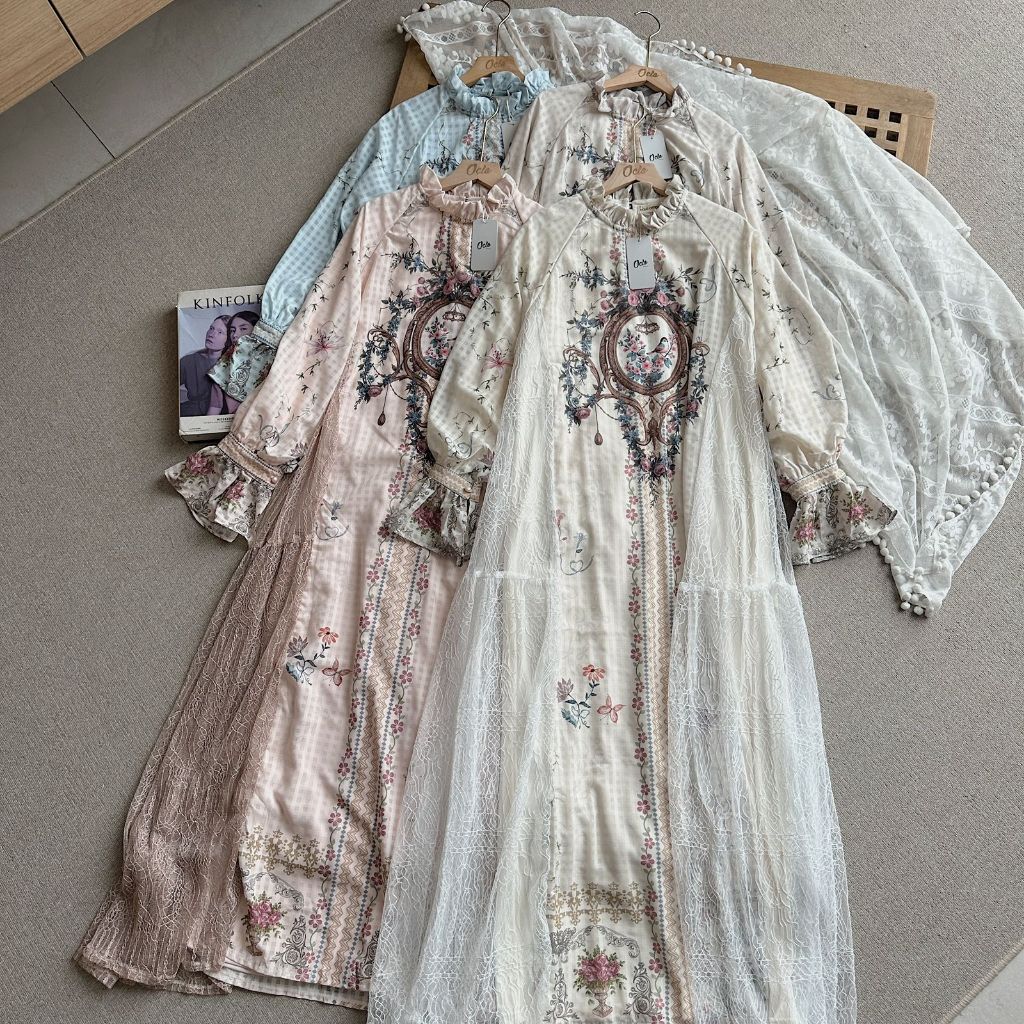 Oclo Heloura Dress 2in1 Silk Floral Mix Cantili Premium Gamis Mewah Elegan Lebaran OCL01642