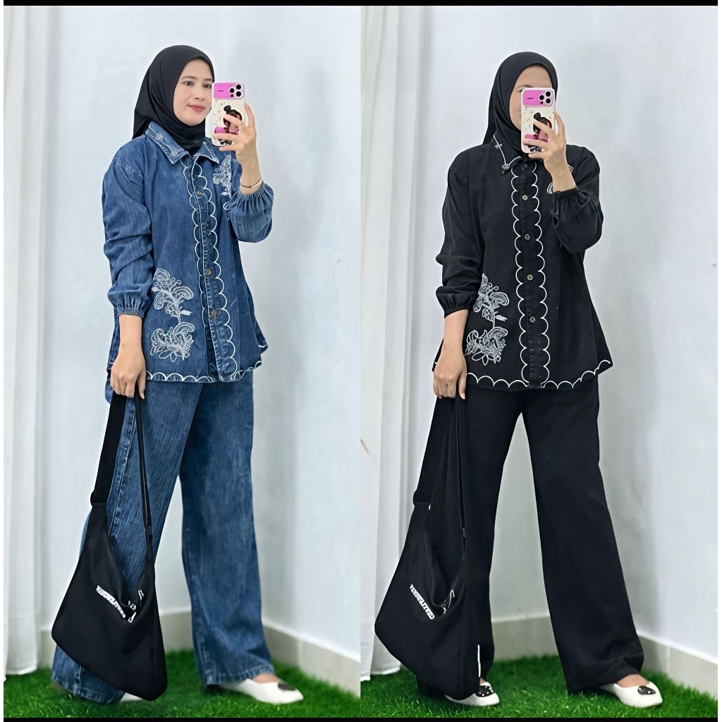 Oneset Wanita Kekinian, Setelan Jeans Denim wanita Kekinian, setelan jeans bordir kekinian, OOTD wan