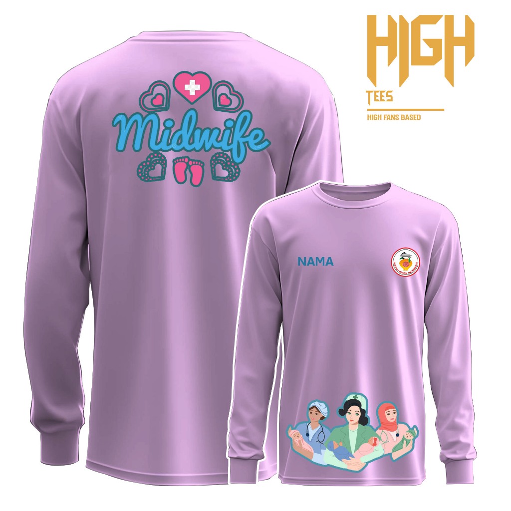 Kaos Bidan Lengan Panjang Cotton Combed 24s Premium Free Custom Nama Sablon DTF Baju Tenaga Medis Wa