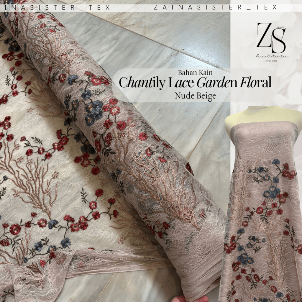 Bahan Kain Kebaya Mewah Brokat Brukat CHANTILY LACE BORDIR Motif Bunga Garden Floral Warna Nude Beig